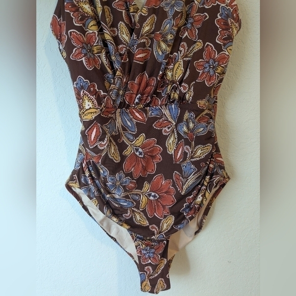 Garnet Hill Brown Colorful Floral V-Neck One-Piece Swimsuit Bohemian Retro - Picture 5 of 11